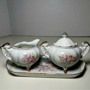 Vintage Lefton China Elegant Floral pink mini Cream and Sugar Set with tray